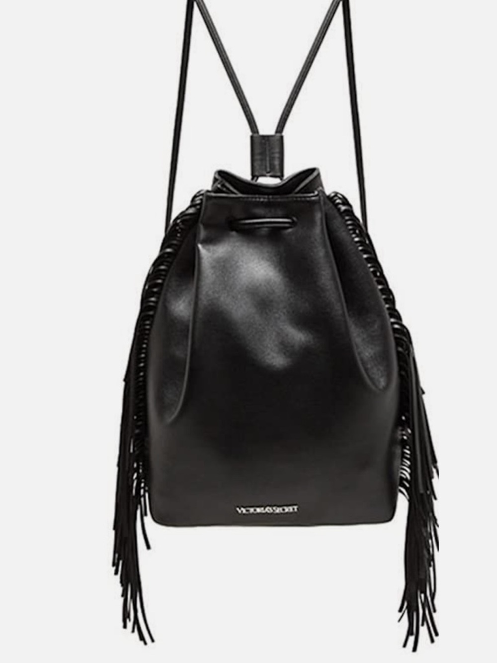 Victoria's Secret Black Fringe Drawstring Backpack Bag